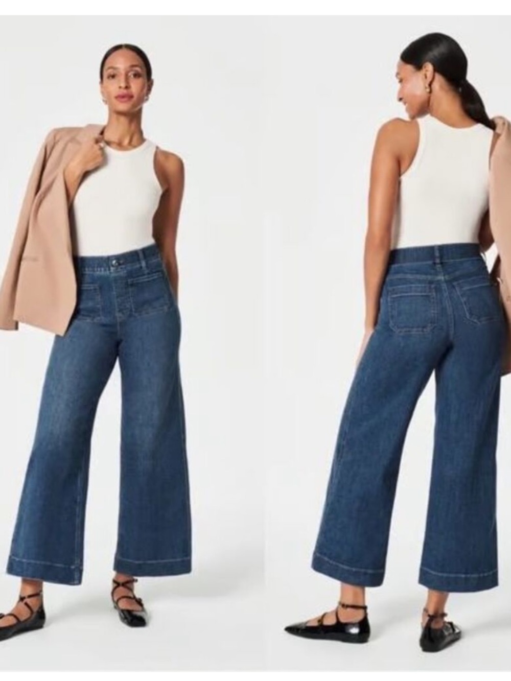BOGO! SPANX Shapewear Cropped Wide Leg Pull On Jeans Patch Pockets Size L 20621R